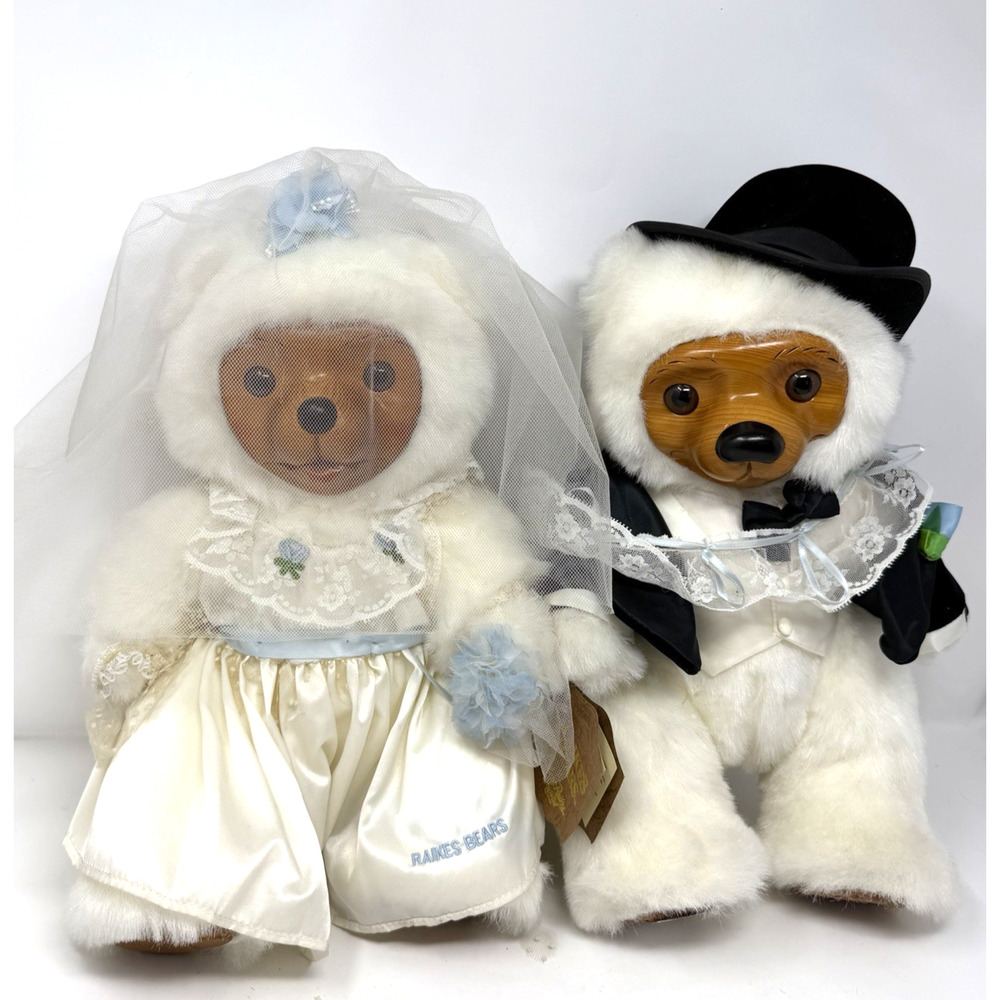 Rare White Raikes Bears Allison & Gregory Bride Groom Wedding 1986 With Tags